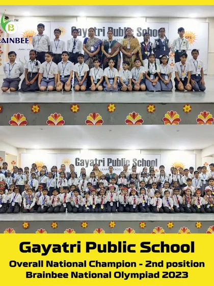 A group photo of the talented students from Gayatri Public School who contributed to their school's success in the 2023 Olympiad.