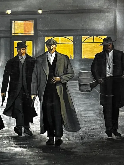 Another detailed shot from the mural, focusing on the figures on the right. The lighting from the windows and the texture of the street were important elements in building the scene's atmosphere.