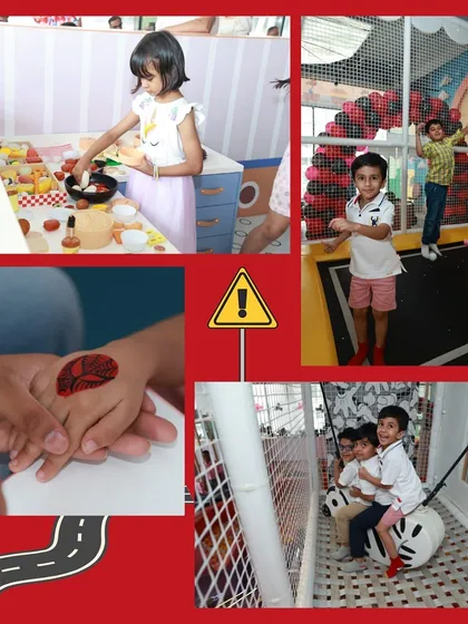 A collage showing the variety of activities, including a girl at the pretend kitchen and another getting a temporary tattoo.