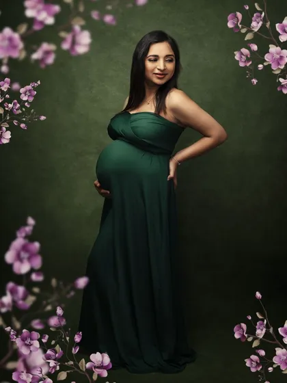 Another pose from this enchanting floral series, showcasing her beautiful profile and the gentle curve of her bump.