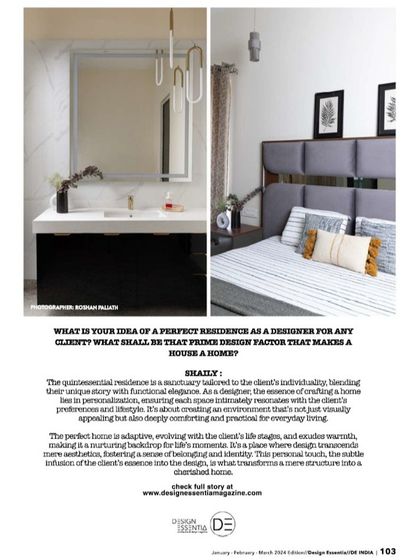 Another spread from the magazine, where I answer questions about what makes a perfect residence. The feature includes photos of a modern bathroom vanity and a serene bedroom from our projects.