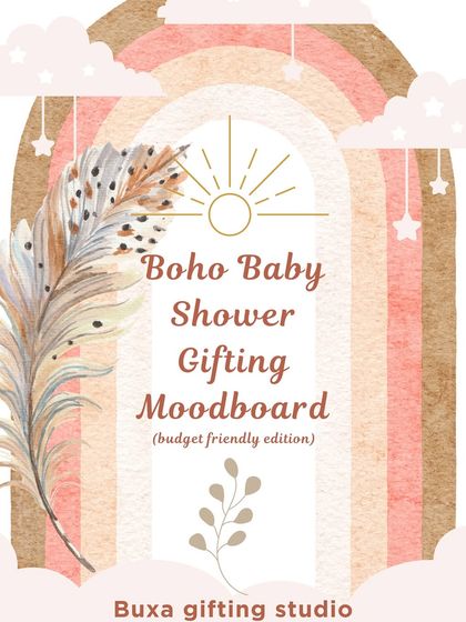 An inspiration board for a boho-themed baby shower, focusing on natural textures, dried flowers, and handmade soaps for return gifts.