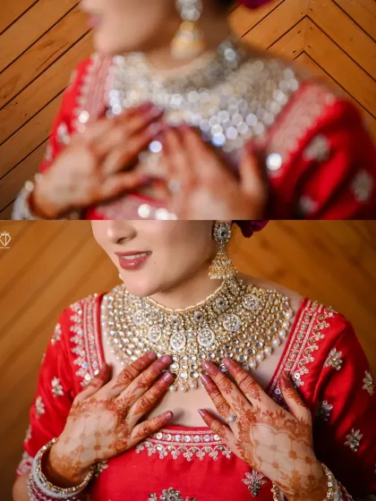 A creative collage focusing on the bride's stunning polki necklace and henna-covered hands.