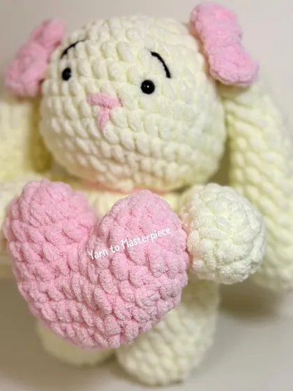 Another view of the plushie bunny, highlighting its sweet expression and the wonderfully thick texture of the velvet-like yarn.