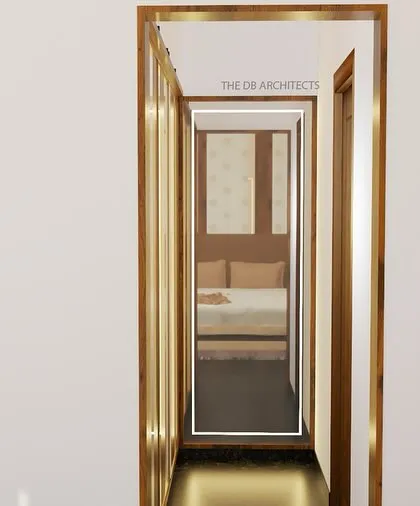 This render shows the view from the entrance of the parents' bedroom, looking through the walk-in wardrobe area. This perspective helps clients understand the flow and layout of the space.