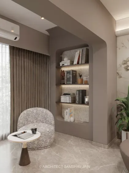 This curated chill-out corner harmonizes organic textures with refined comfort. The textured upholstery chair and abstract shelf unit anchor the space. This nook embodies tranquility with a sculptural presence.