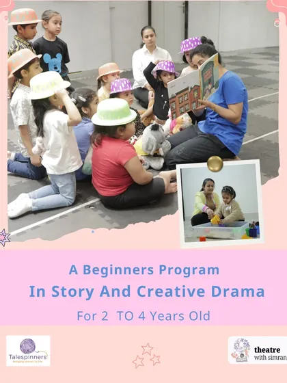 A beginner's program in story and creative drama for 2 to 4 year olds. Here, an instructor reads to an engaged group of children wearing fun hats.