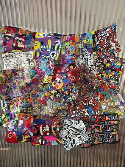 "Mind Fragments" is a departure into the world of pop art. This wall installation is a vibrant explosion of color and pattern, layering different visual languages on polycarbonate and aluminum to create a composition that is chaotic yet unified.