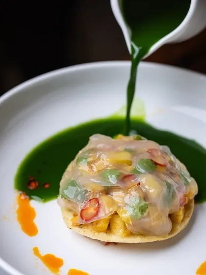 A vibrant pour of green sauce completes my Pineapple Tartare, adding another layer of fresh, bold flavor to this unforgettable starter.