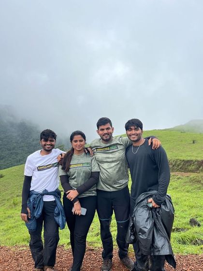 A group of friends in our Karnataka Hikes t-shirts, ready for the Kodachadri adventure.