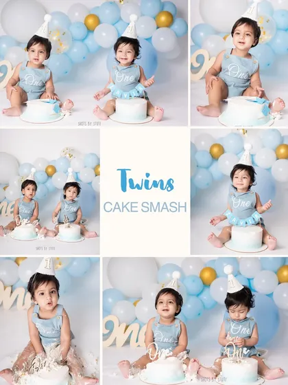 A collage showcasing the highlights of the twins' cake smash session. It shows the variety of expressions and moments we captured, from curious pokes to full on smashing.