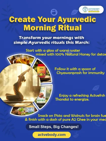 Create your Ayurvedic morning ritual with these simple steps. This graphic outlines a routine that includes starting with honey water, taking Chyawanprash, and enjoying a refreshing Actvefrsh Thandai to energize.