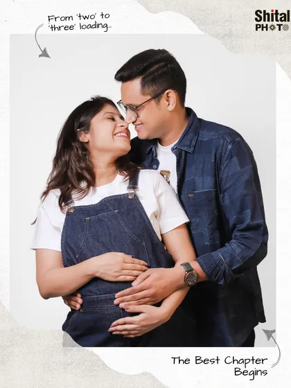The journey to becoming a family is a story in itself. This casual and happy maternity portrait captures the excitement and love between a couple as they anticipate their new arrival, set against a simple, clean backdrop.