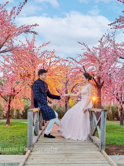 A beautiful evening shot on the bridge of our cherry blossom set, with soft lighting adding a warm and magical glow.
