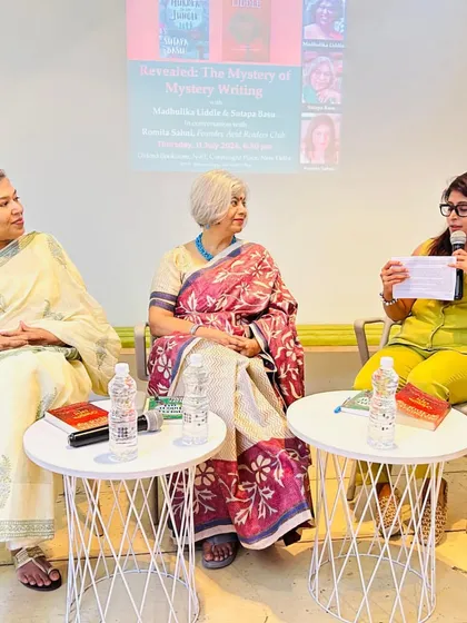 A candid moment from our panel discussion, "Revealed: The Mystery of Mystery Writing." Here, I am in conversation with authors Madhulika Liddle and Sutapa Basu, exploring the secrets behind crafting compelling mysteries.