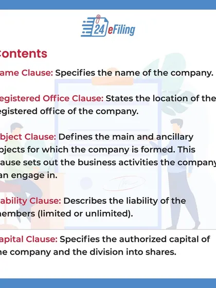 A complete MOA includes several critical clauses. We ensure every detail is covered, from the company name and registered office to its objectives, liability structure, and authorized share capital.