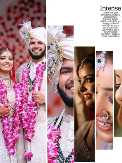 An "Intense" and artistic collage of a couple on their wedding day. The vertical design focuses on close-ups of their expressions and details, creating a powerful and emotional story.