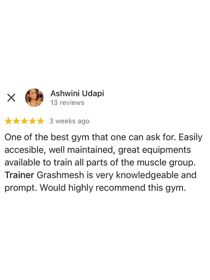 A five-star review from a client, Ashwini, who recommends the gym for its great equipment and my knowledgeable coaching. Positive feedback like this reinforces my commitment to providing the best service in Kundapura.