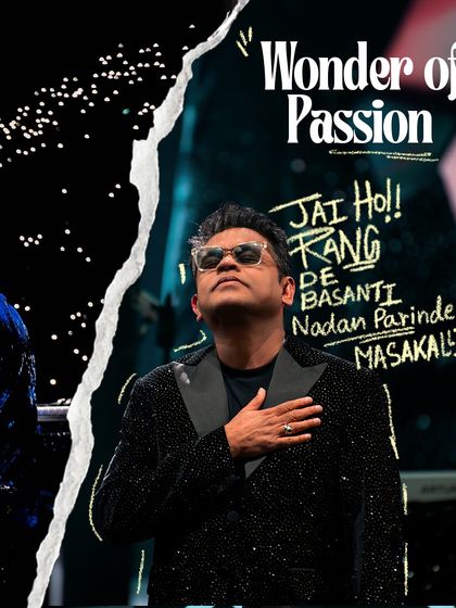 This graphic focuses on the "Wonder of Passion," highlighting A.R. Rahman's patriotic and powerful anthems. This content strategy helps build a narrative around the concert's different emotional acts.