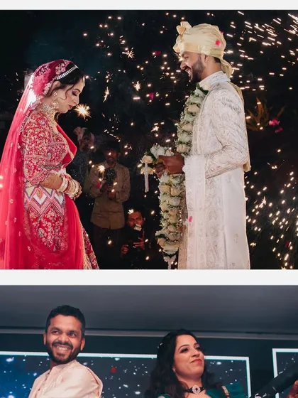 A collage capturing the essence of a beautiful wedding we planned. From the grand Varmala with pyrotechnics to the candid laughter of the bride, we curate a complete and joyful experience.