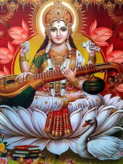 Clad in white, Goddess Saraswati represents pure wisdom and rejects materialism. Her presence in our prayers helps bring order and clarity to a confused mind.