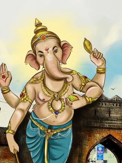 A clearer, brighter version of my conceptual art featuring Lord Ganesha at Jatpura Gate in Chandrapur. This image highlights the details of the deity against the cityscape.