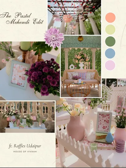 A moodboard for "The Pastel Mehendi Edit," showcasing the color palette, seating inspiration, and detailed decor elements that brought this soft and charming theme to life.