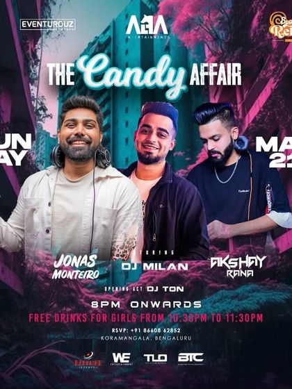 A poster for "The Candy Affair" at Sugar Factory Reloaded, a sweet Sunday night party with an amazing DJ lineup.