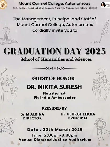 The official invitation for my guest of honor speech at Mount Carmel College's Graduation Day. It was a full-circle moment to return to my alma mater as a recognized expert in my field.