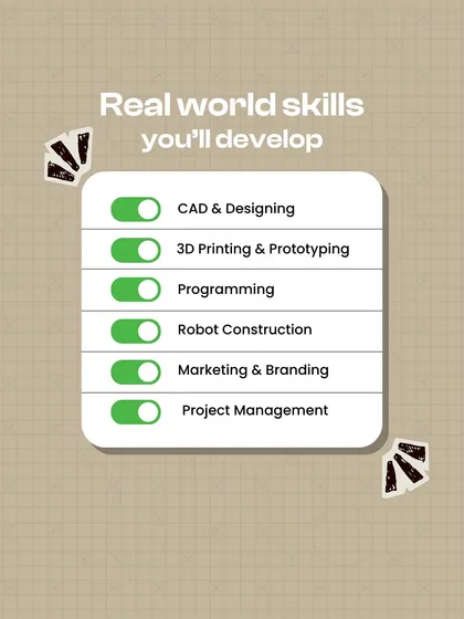 Our programs build a comprehensive, real-world skill set that goes far beyond the classroom. Students master everything from CAD and 3D printing to programming, project management, and even marketing, preparing them for future careers in tech.