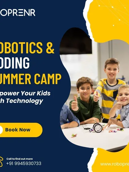 A summer camp ad showing students collaborating on a project. We empower kids with technology through engaging, team-based activities.