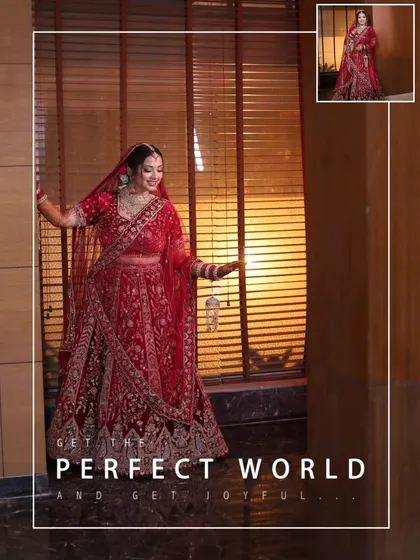 A creative layout for a bridal portrait, using a window frame effect to highlight the bride's stunning look.