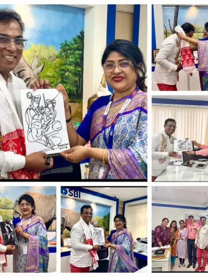A collage of moments from my visit to an SBI branch, where I created signature art for the staff, including General Manager Ms. Nandita Dutta.