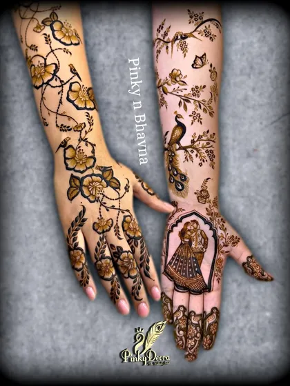 Mehndi can be both traditional and modern. This design combines a contemporary floral vine with a beautiful portrait of a bride, showing the versatility we teach in our classes. It's all about finding your unique style.