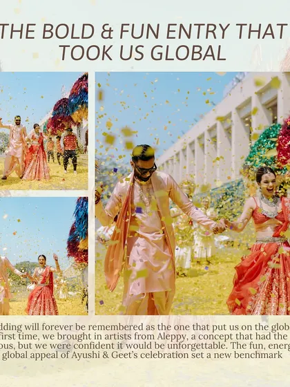 This bold and fun entry is the one that put us on the global map. We brought in artists from Alleppy for a vibrant, high-energy procession that set a new benchmark for creative wedding celebrations.