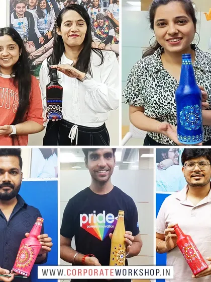 Look at the proud smiles and beautiful results from our Dot Mandala bottle painting workshop. We guide you in turning simple glass bottles into colorful, intricate pieces of decor, making art accessible and fun.