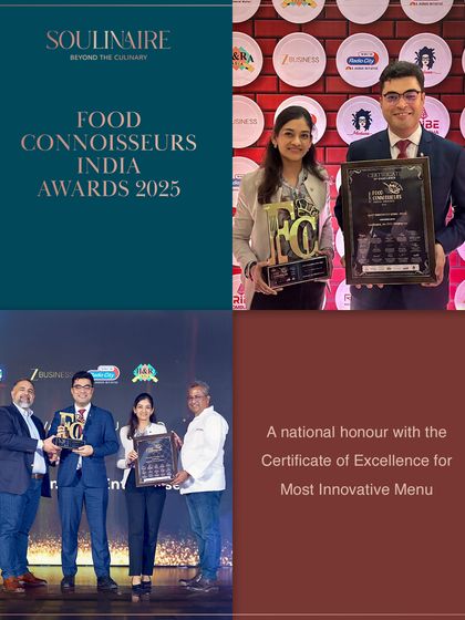A collage celebrating our national honour for "Most Innovative Menu" at the Food Connoisseurs India Awards 2025.