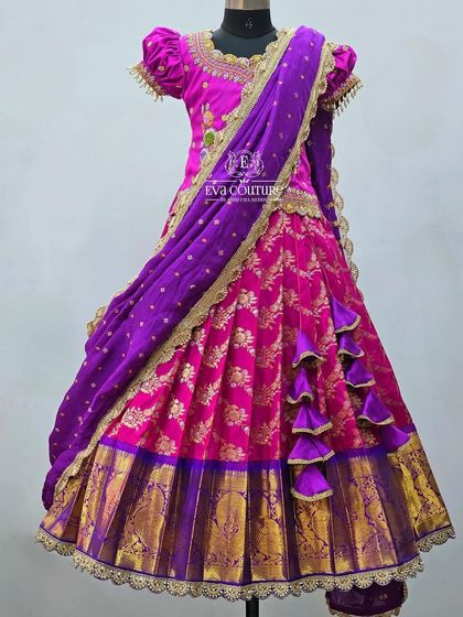 The same pink and purple lehenga, shown with a matching dupatta to create a half-saree look for older girls.