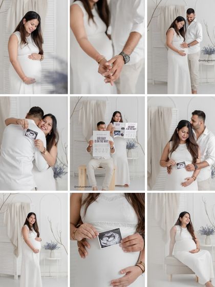 A beautiful grid of images from a classic, all-white maternity session. It showcases various poses, from solo portraits to couple shots with the sonogram.