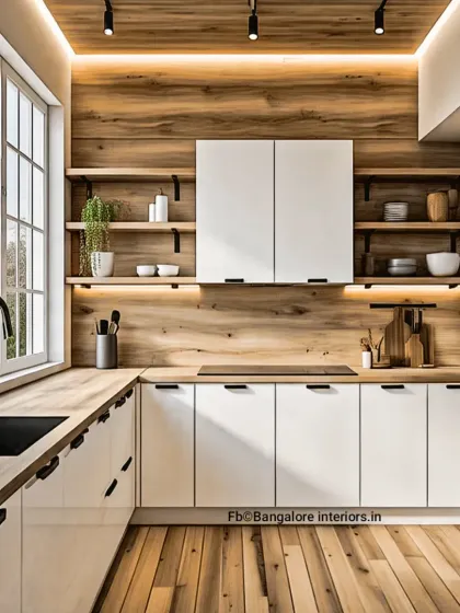 This design embodies a clean, Scandinavian-inspired aesthetic. I paired crisp white handleless cabinets with natural wood countertops and open shelving, creating a bright, airy, and practical kitchen space that feels both modern and timeless.