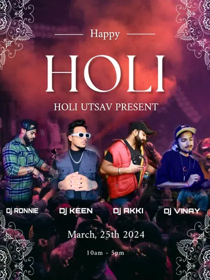 We are equipped to host large-scale public festivals. This promotional graphic for our Holi Utsav showcases the high-energy DJ lineup we bring in for major celebrations on our grounds.