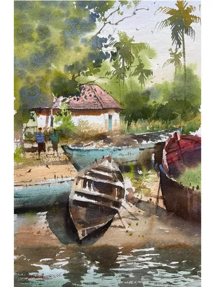 A peaceful coastal scene with boats resting on the shore. For this custom landscape, I focused on the reflections in the water and the lush palm trees that are characteristic of the region.