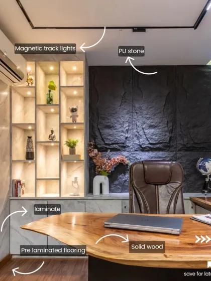 The difference is in the details. This annotated view of an office we designed breaks down the material choices, from a solid wood desk and PU stone wall to magnetic track lights, showing our thoughtful approach to material selection.
