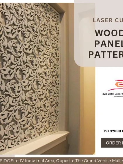 A laser-cut wood panel with a deep, floral scroll pattern. The three-dimensional relief carving adds a classic, textural quality to the wall, showcasing our ability to create intricate patterns in wood.