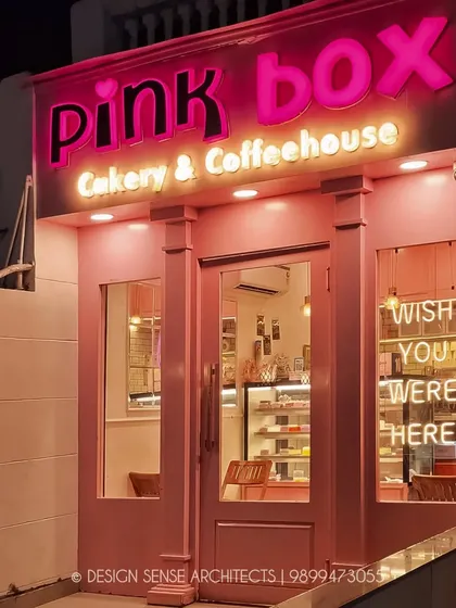 A storefront should be an invitation. For this petite bakery in New Delhi, we went with an all-pink facade and glowing neon signs to create an unmissable, Instagrammable spot that draws people in from the street.