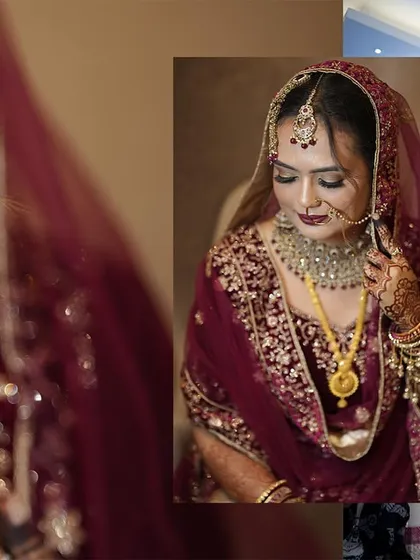 A collage of a beautiful Muslim bride, focusing on close-up details like her nose ring and makeup, as well as her full reception look.