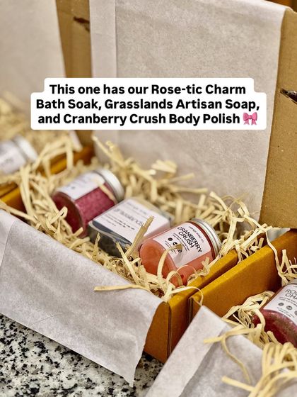 This hamper configuration features our Rose-tic Charm Bath Soak, Grasslands Artisan Soap, and Cranberry Crush Body Polish. We work with you to select the perfect combination of products for your gift.