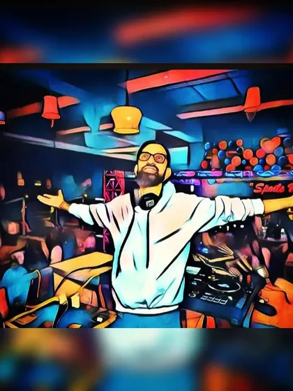 An artistic, animated-style photo of me with open arms in front of a crowd. This captures the feeling of commanding a room with music.