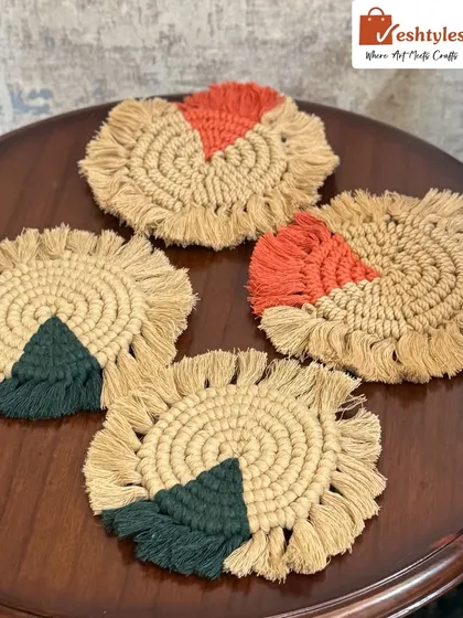 Add a pop of color to your coffee table with my handmade macrame coasters. This set shows how you can mix and match colors, here with earthy jute and vibrant orange and green. They are perfect for protecting your tables and adding a little bit of boho style.