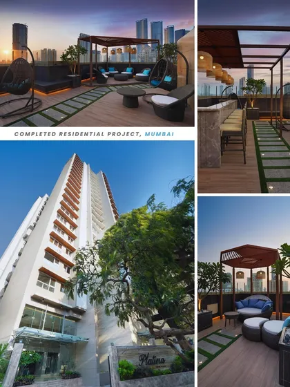 The completed rooftop terrace of a residential project in Lower Parel, Mumbai. I designed this space to be an urban oasis, offering residents a place to relax with breathtaking skyline views.